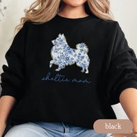 Load image into Gallery viewer, Sheltie Mom Chinoiserie Sweatshirt, Blue Floral Toile Shetland Sheepdog Crewneck, Cozy Dog Mom Sweater, Sheltie Lover Gift, Dog Mom Apparel
