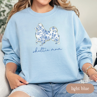 Load image into Gallery viewer, Sheltie Mom Chinoiserie Sweatshirt, Blue Floral Toile Shetland Sheepdog Crewneck, Cozy Dog Mom Sweater, Sheltie Lover Gift, Dog Mom Apparel
