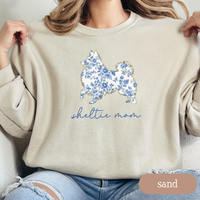 Load image into Gallery viewer, Sheltie Mom Chinoiserie Sweatshirt, Blue Floral Toile Shetland Sheepdog Crewneck, Cozy Dog Mom Sweater, Sheltie Lover Gift, Dog Mom Apparel
