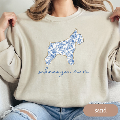 Schnauzer Mom Chinoiserie Sweatshirt, Blue Floral Toile Schnauzer Crewneck, Cozy Dog Mom Sweater, Schnauzer Lover Gift, Cute Dog Mom Apparel