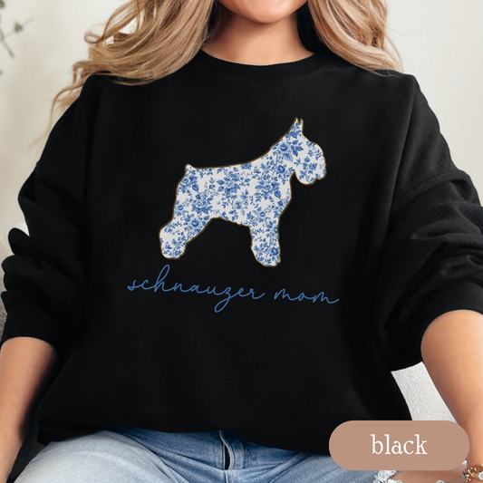 Schnauzer Mom Chinoiserie Sweatshirt, Blue Floral Toile Schnauzer Crewneck, Cozy Dog Mom Sweater, Schnauzer Lover Gift, Cute Dog Mom Apparel