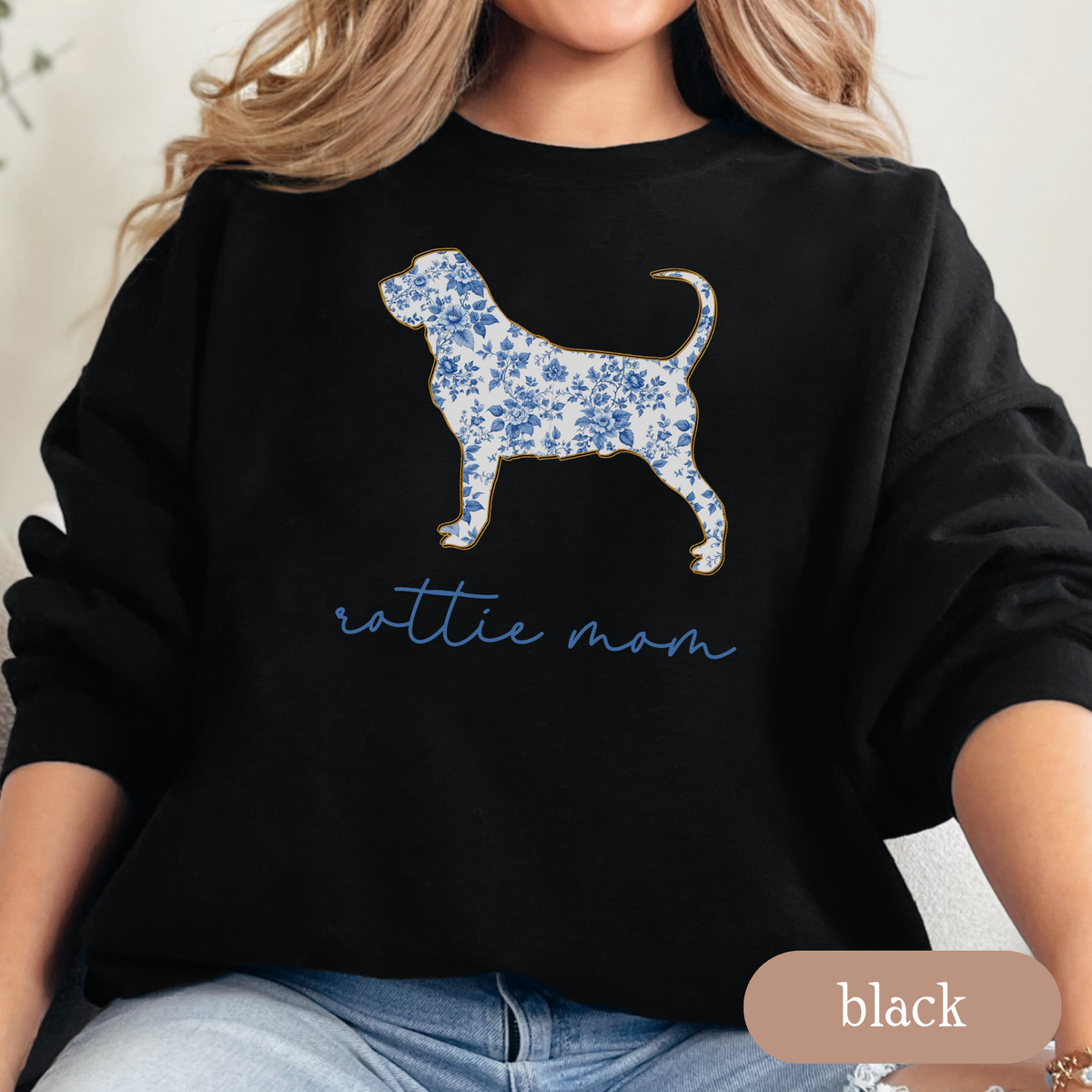 Rottie Mom Chinoiserie Sweatshirt, Blue Floral Toile Rottweiler Crewneck, Cozy Dog Mom Sweater, Rottweiler Lover Gift, Cute Dog Mom Apparel