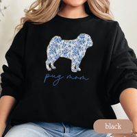 Load image into Gallery viewer, Pug Mom Chinoiserie Sweatshirt, Blue Floral Toile Pug Crewneck, Cozy Dog Mom Sweater, Pug Lover Gift, Cute Dog Mom Apparel
