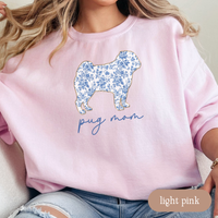 Load image into Gallery viewer, Pug Mom Chinoiserie Sweatshirt, Blue Floral Toile Pug Crewneck, Cozy Dog Mom Sweater, Pug Lover Gift, Cute Dog Mom Apparel
