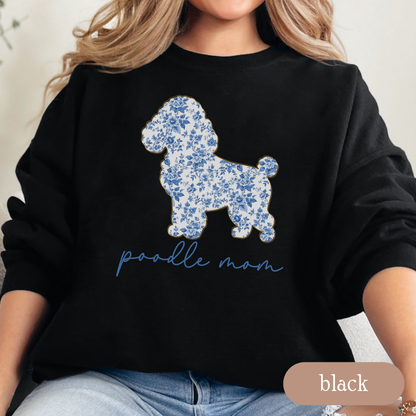 Poodle Mom Chinoiserie Sweatshirt, Blue Floral Toile Poodle Crewneck, Cozy Dog Mom Sweater, Poodle Lover Gift, Cute Dog Mom Apparel