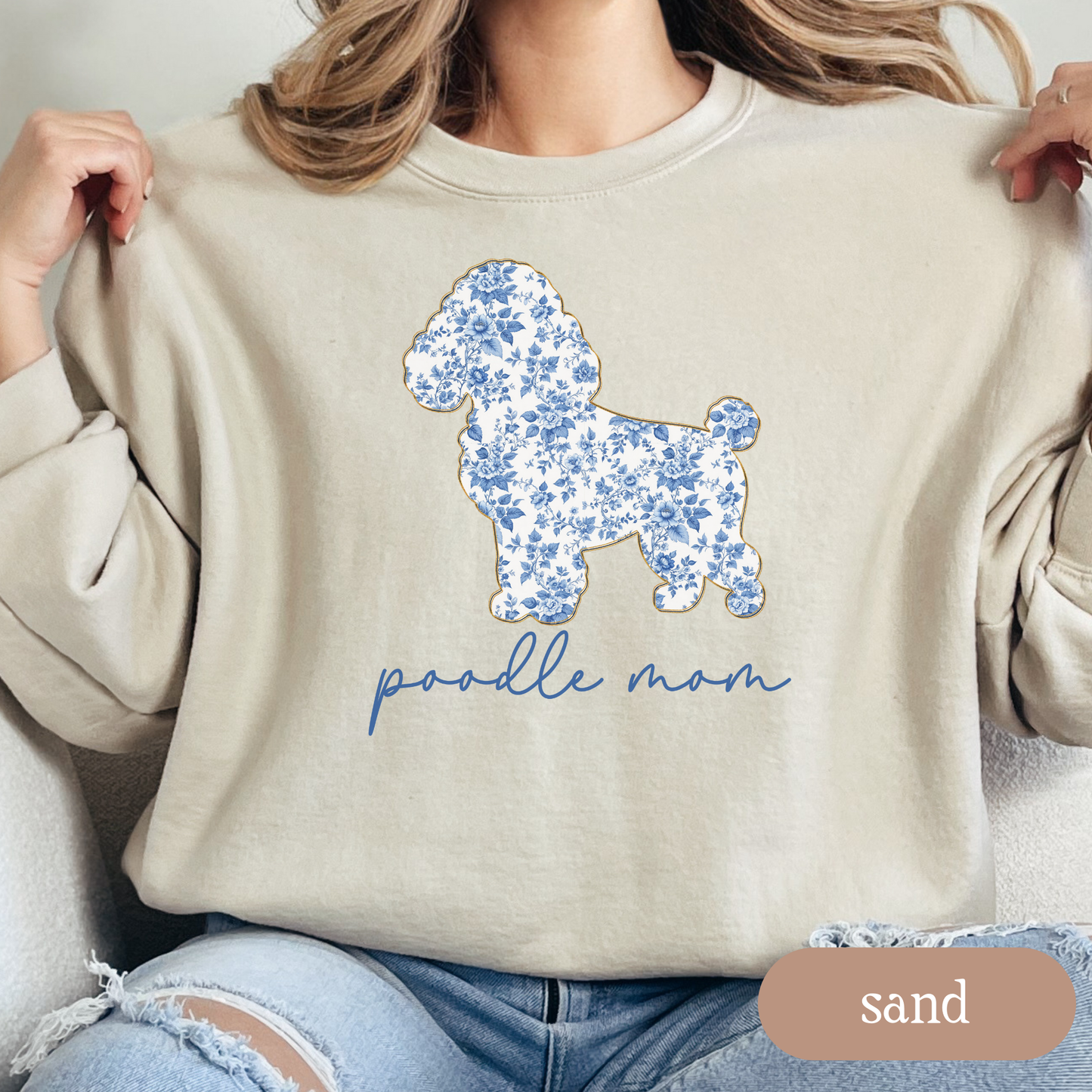 Poodle Mom Chinoiserie Sweatshirt, Blue Floral Toile Poodle Crewneck, Cozy Dog Mom Sweater, Poodle Lover Gift, Cute Dog Mom Apparel