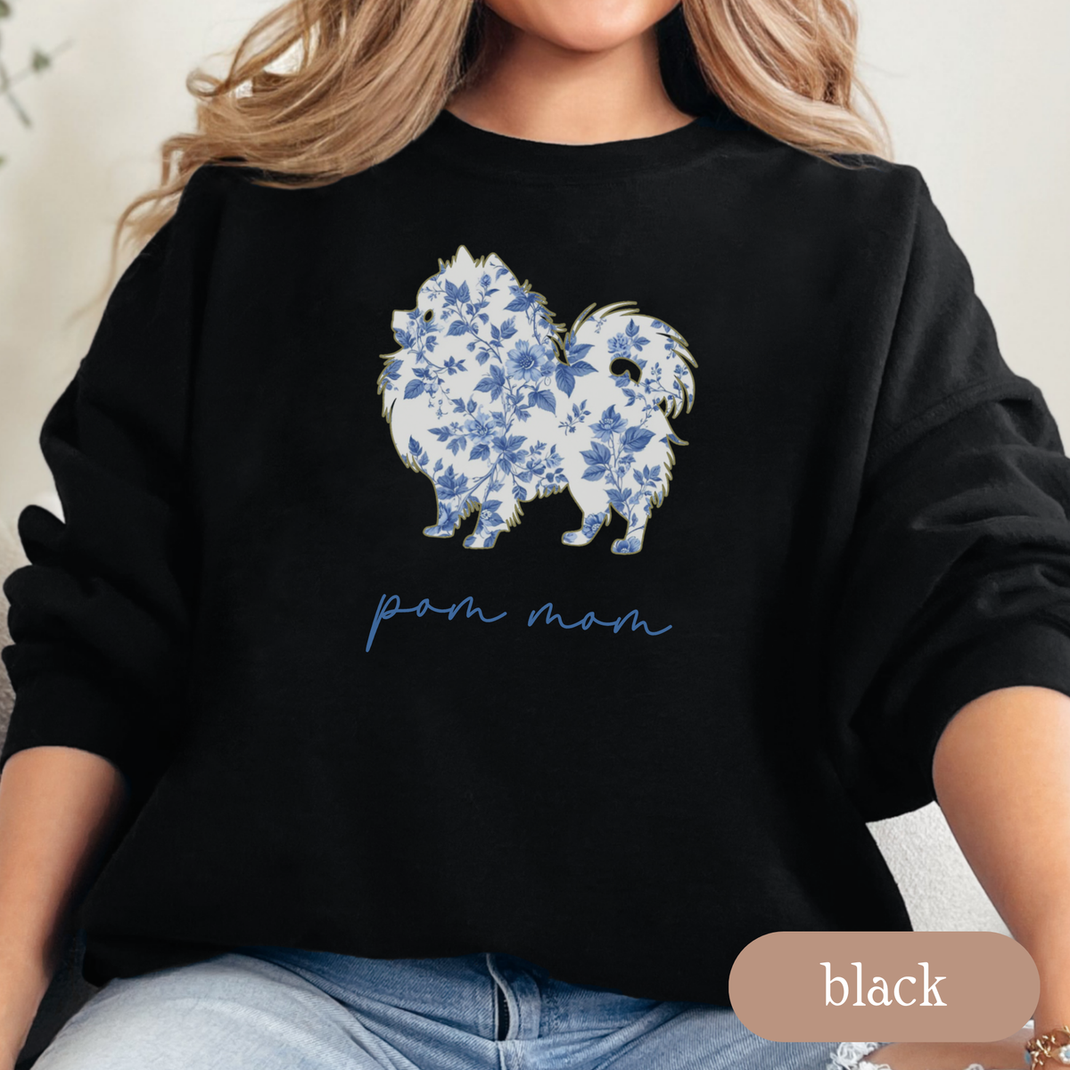 Pom Mom Chinoiserie Sweatshirt, Blue Floral Toile Pomeranian Crewneck, Cozy Dog Mom Sweater, Pomeranian Lover Gift, Cute Dog Mom Apparel