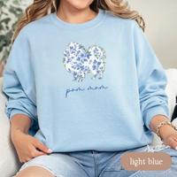 Load image into Gallery viewer, Pom Mom Chinoiserie Sweatshirt, Blue Floral Toile Pomeranian Crewneck, Cozy Dog Mom Sweater, Pomeranian Lover Gift, Cute Dog Mom Apparel
