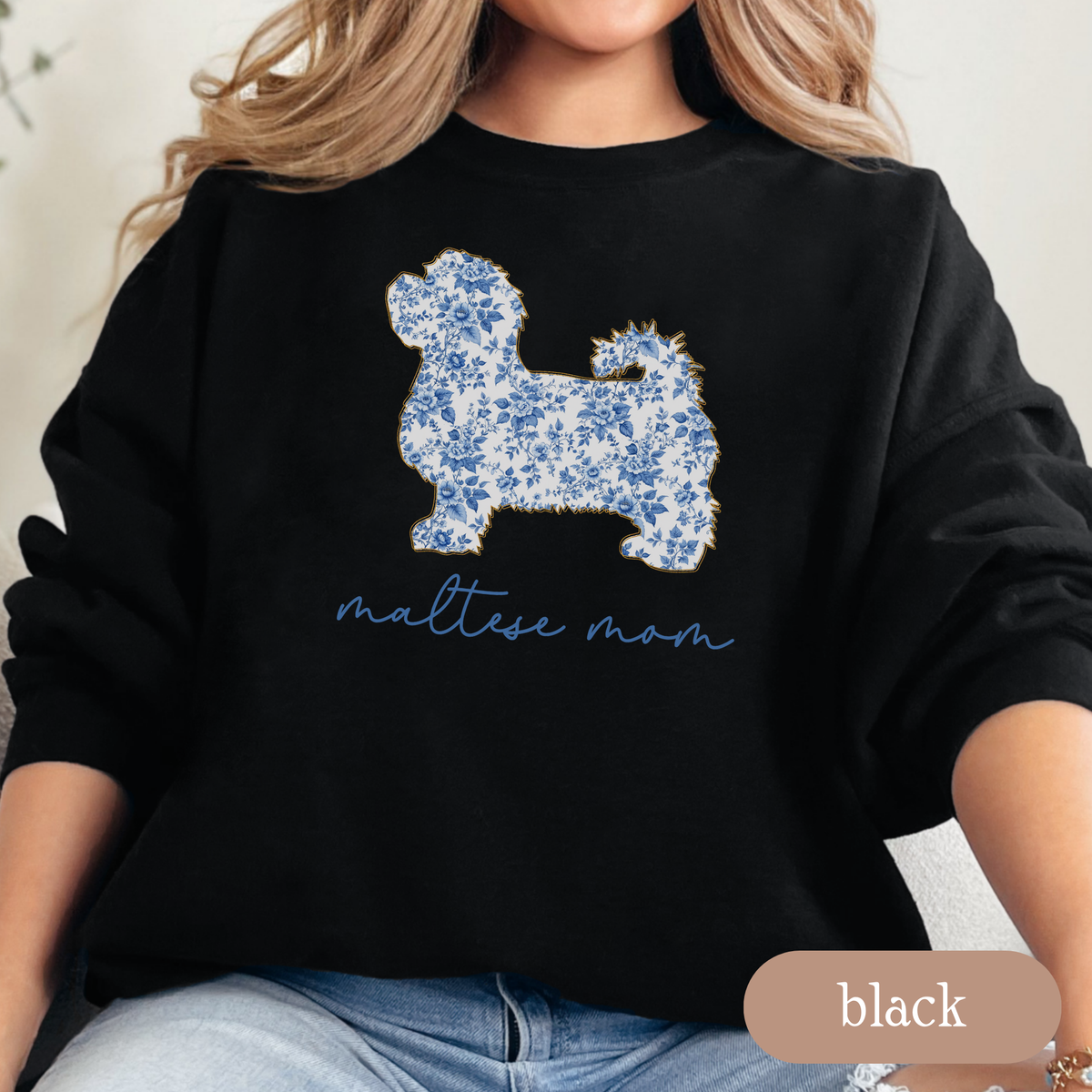 Maltese Mom Chinoiserie Sweatshirt, Blue Floral Toile Maltese Crewneck, Cozy Dog Mom Sweater, Maltese Lover Gift, Cute Dog Mom Apparel