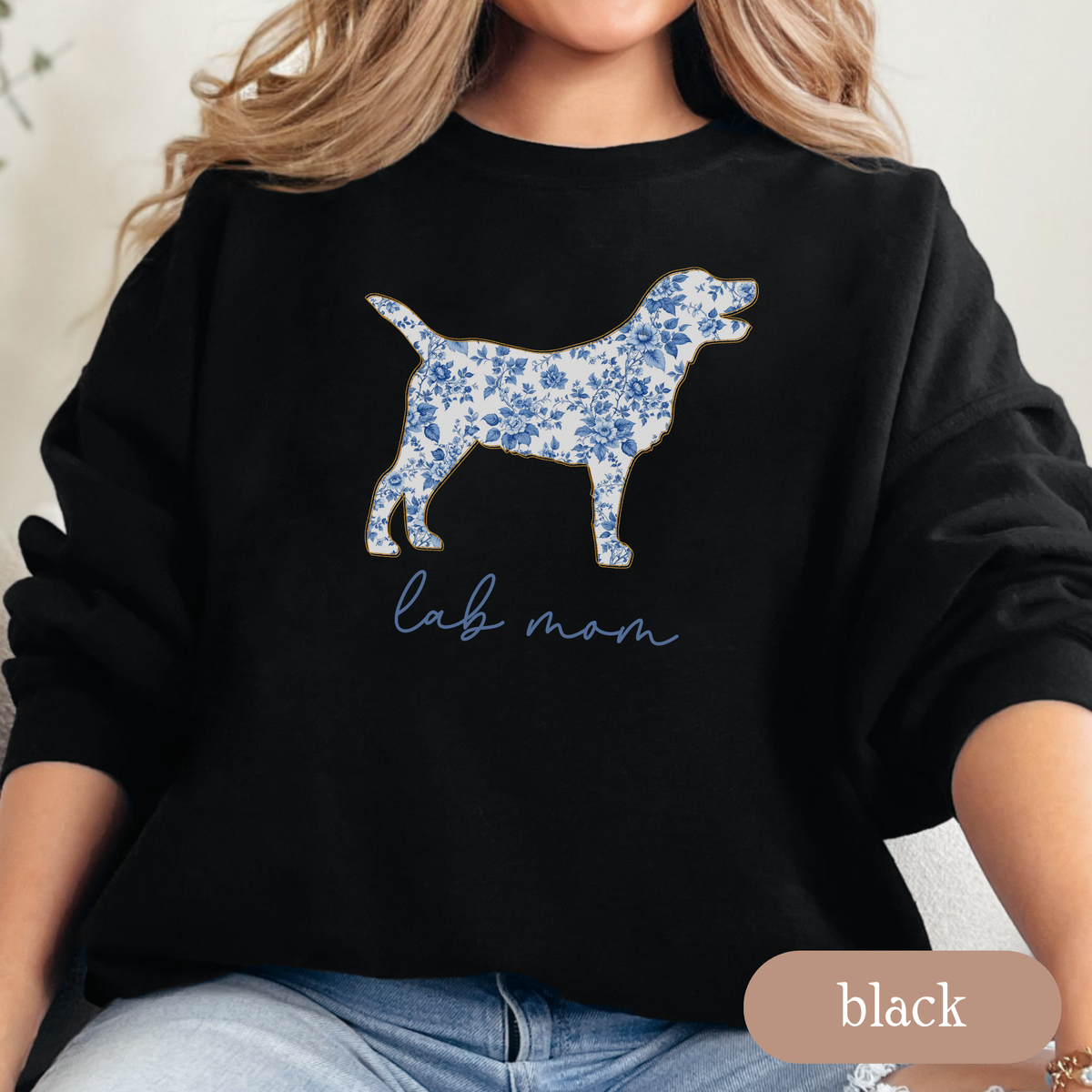 Lab Mom Chinoiserie Sweatshirt, Blue Floral Toile Labrador Retriever Crewneck, Cozy Dog Mom Sweater, Labrador Lover Gift, Dog Mom Apparel