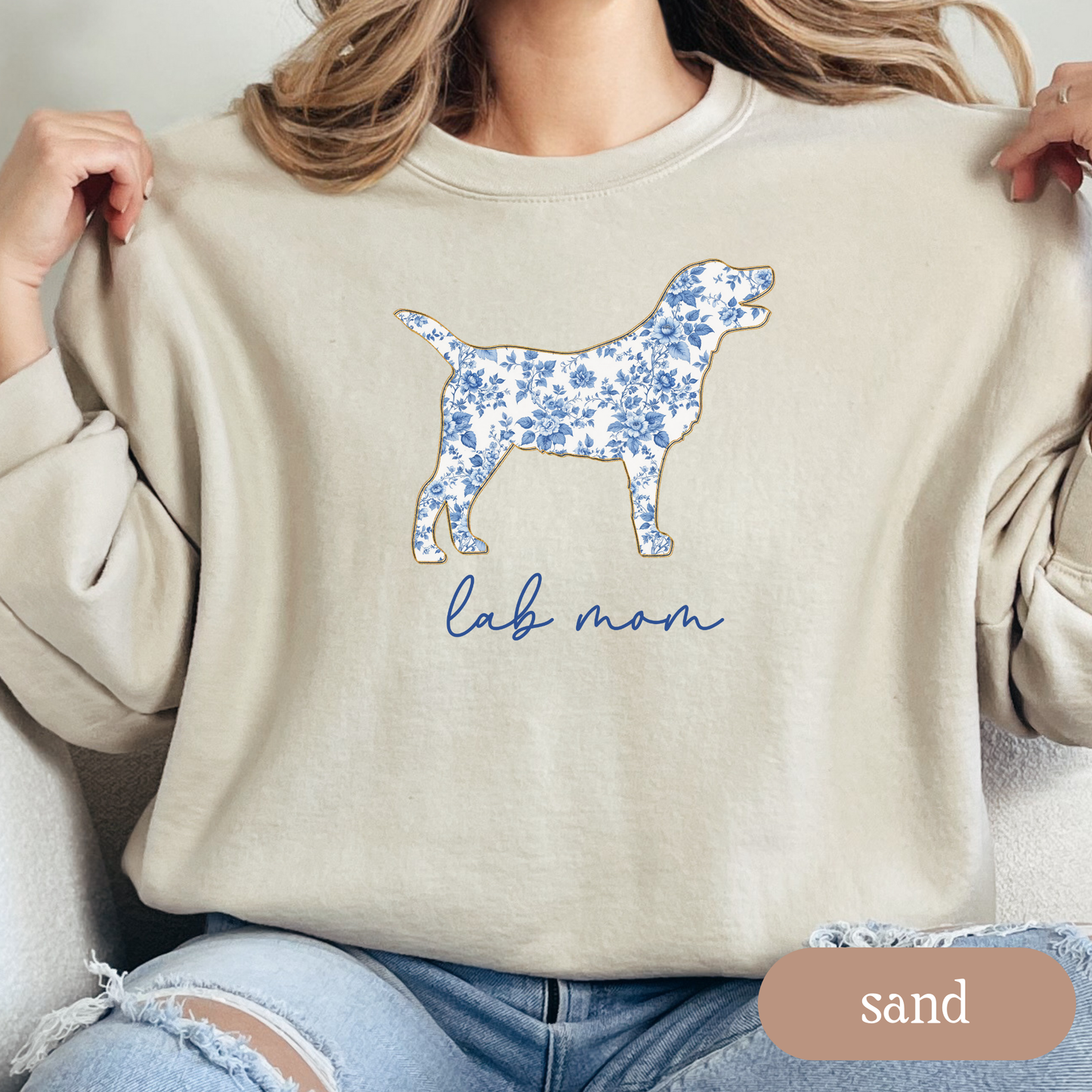 Lab Mom Chinoiserie Sweatshirt, Blue Floral Toile Labrador Retriever Crewneck, Cozy Dog Mom Sweater, Labrador Lover Gift, Dog Mom Apparel