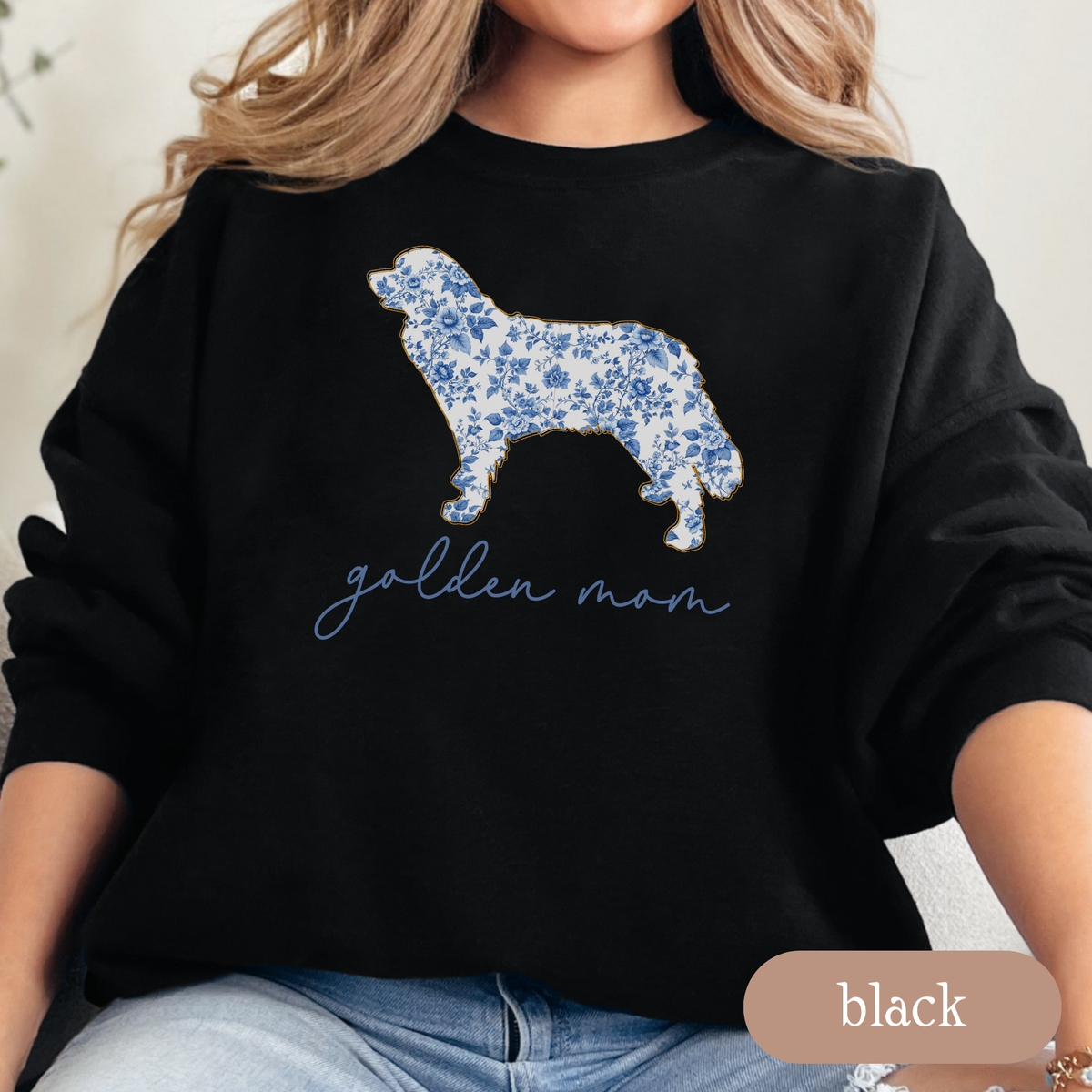 Golden Mom Chinoiserie Sweatshirt, Blue Floral Toile Golden Retriever Crewneck, Cozy Dog Mom Sweater, Golden Retriever Lover Gift