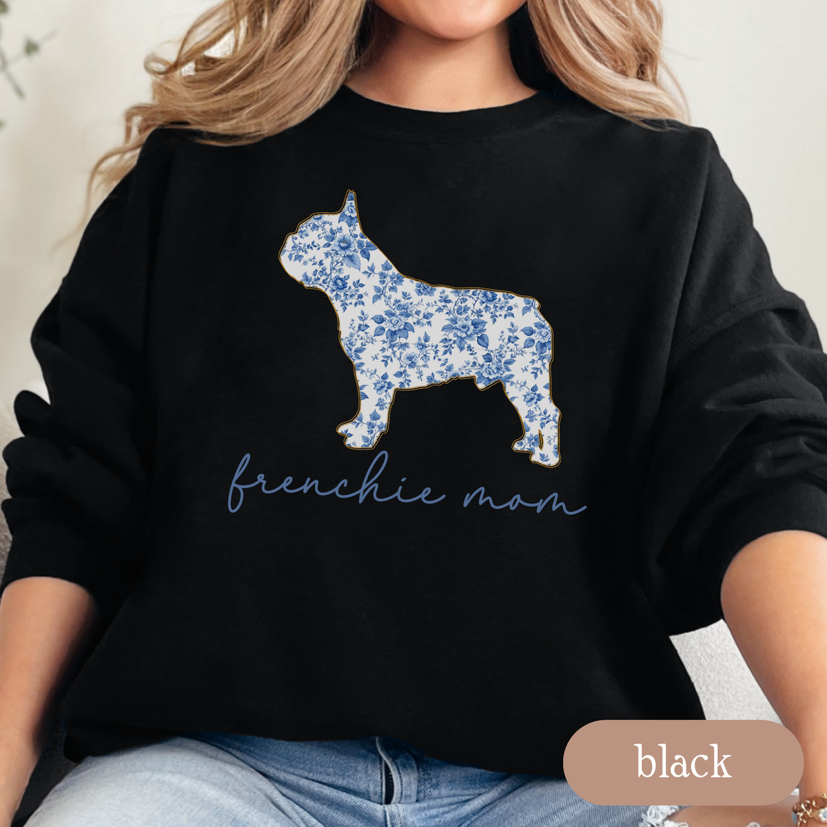 Frenchie Mom Chinoiserie Sweatshirt, Blue Floral Toile French Bulldog Crewneck, Dog Mom Sweater, Frenchie Lover Gift, Cute Dog Mom Apparel