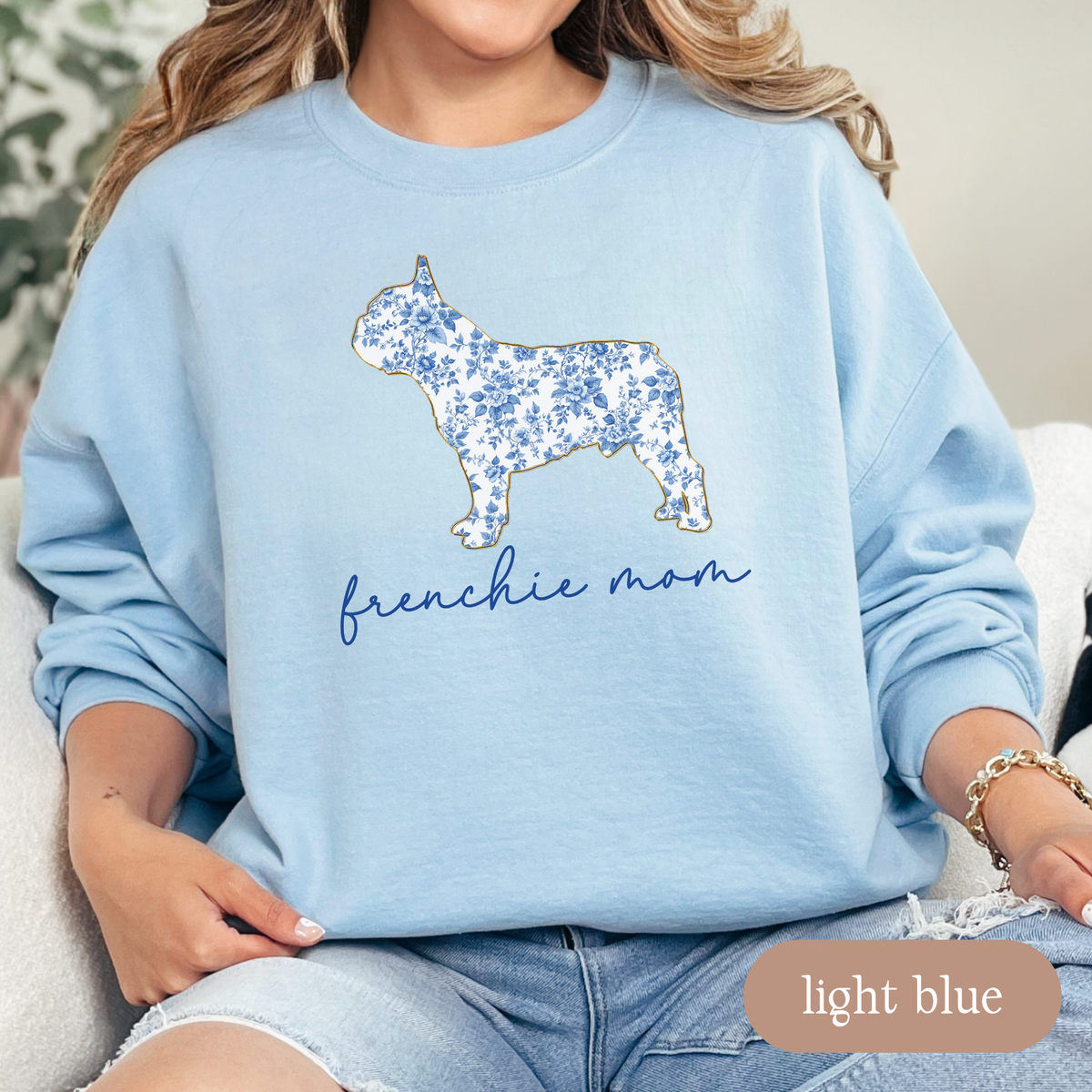 Frenchie Mom Chinoiserie Sweatshirt, Blue Floral Toile French Bulldog Crewneck, Dog Mom Sweater, Frenchie Lover Gift, Cute Dog Mom Apparel