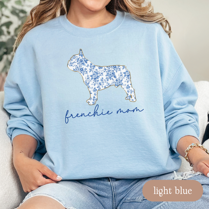Frenchie Mom Chinoiserie Sweatshirt, Blue Floral Toile French Bulldog Crewneck, Dog Mom Sweater, Frenchie Lover Gift, Cute Dog Mom Apparel