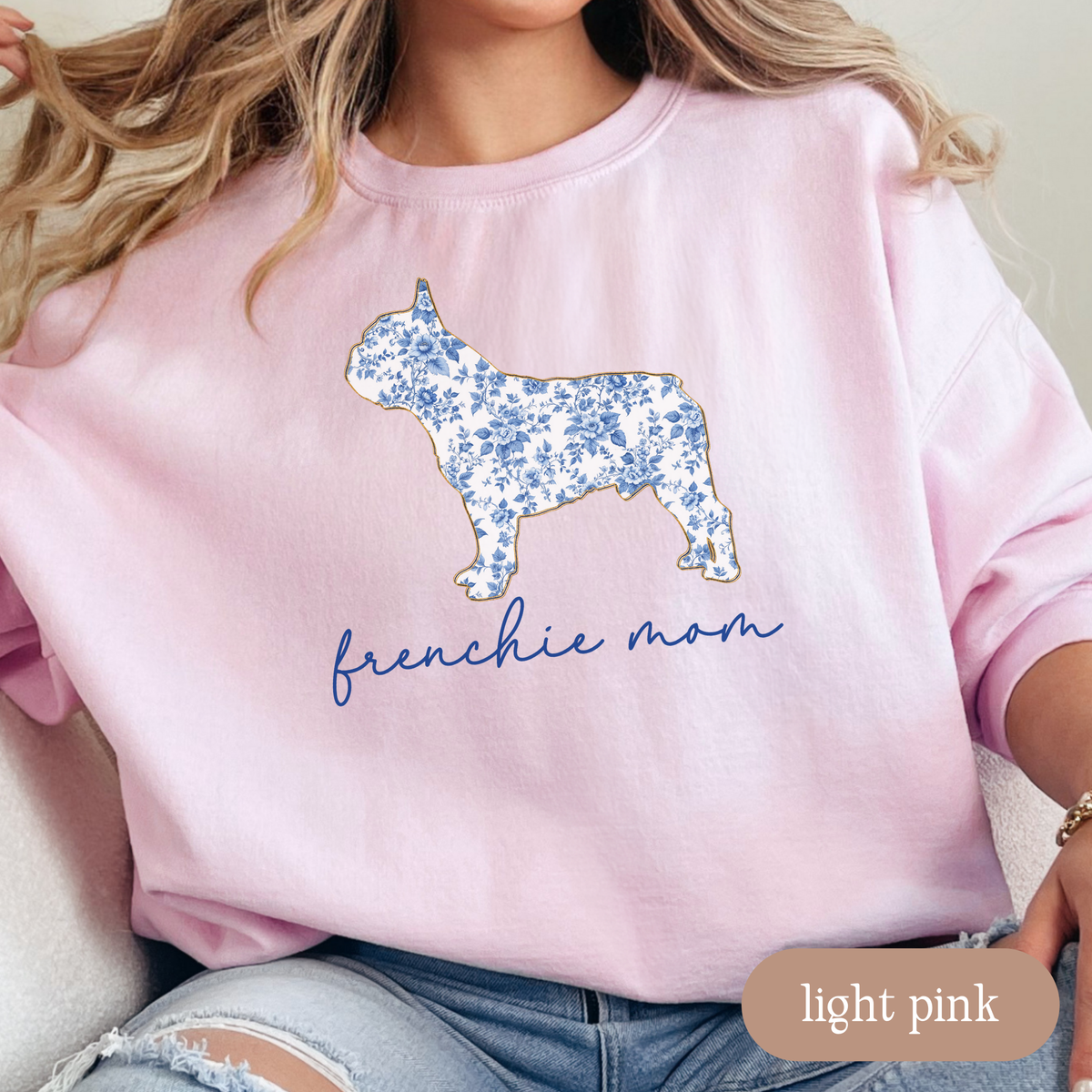 Frenchie Mom Chinoiserie Sweatshirt, Blue Floral Toile French Bulldog Crewneck, Dog Mom Sweater, Frenchie Lover Gift, Cute Dog Mom Apparel