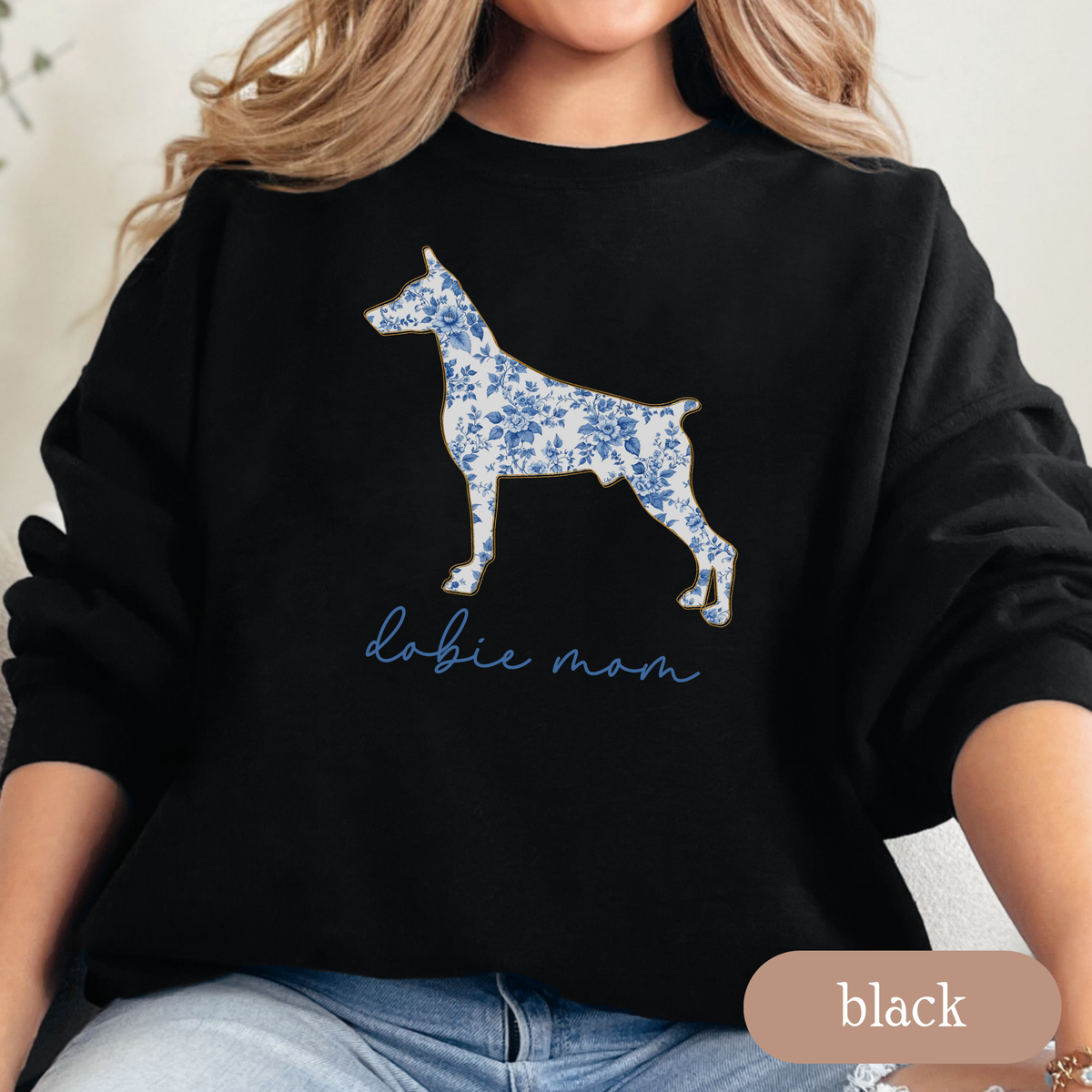 Dobie Mom Chinoiserie Sweatshirt, Blue Floral Toile Doberman Crewneck, Cozy Dog Mom Sweater, Doberman Lover Gift, Doberman Mom Apparel