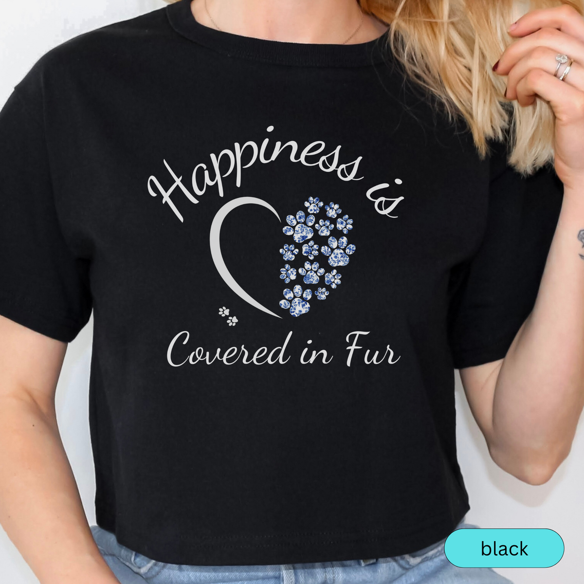 Happiness is Covered in Fur T-Shirt, Cute Pet Lover Toile Shirt, Dog Mom Gift, Cat Mom Shirt, Animal Lover Tee, Paw Print Heart Design, Chinoiserie Paws