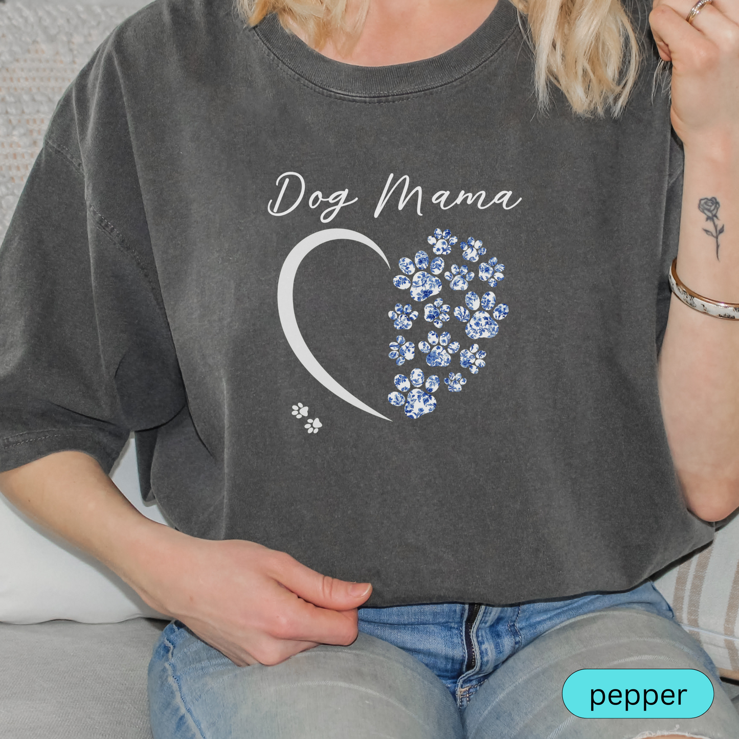 Dog Mama T-Shirt, Cute Dog Lover Toile Shirt, Fur Mama Chinoiserie Tee, Paw Print Heart Design, Dog Mom Gift, Pet Parent Apparel, Puppy Love Shirt 🐾