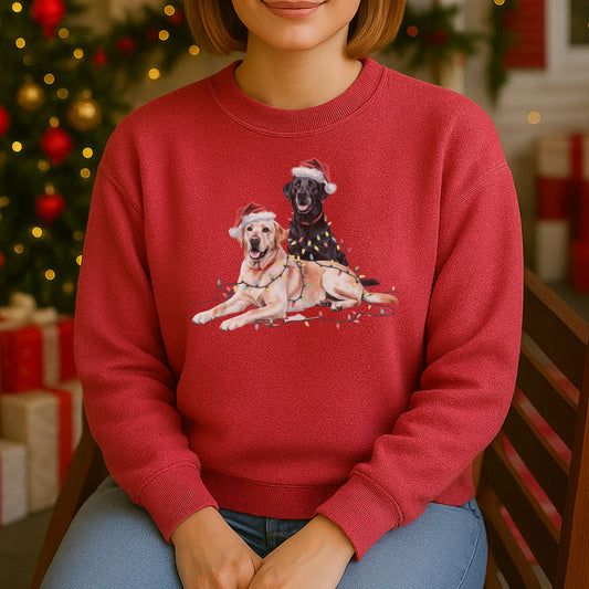 Black & Yellow Lab Christmas Sweatshirt, Christmas Lights Dogs