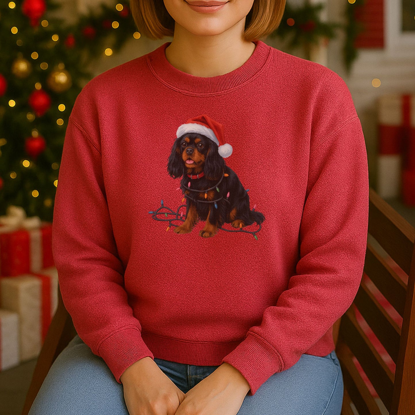 Black and Tan Christmas Cavalier King Charles Spaniel Sweatshirt, Christmas Lights Dog Sweatshirt