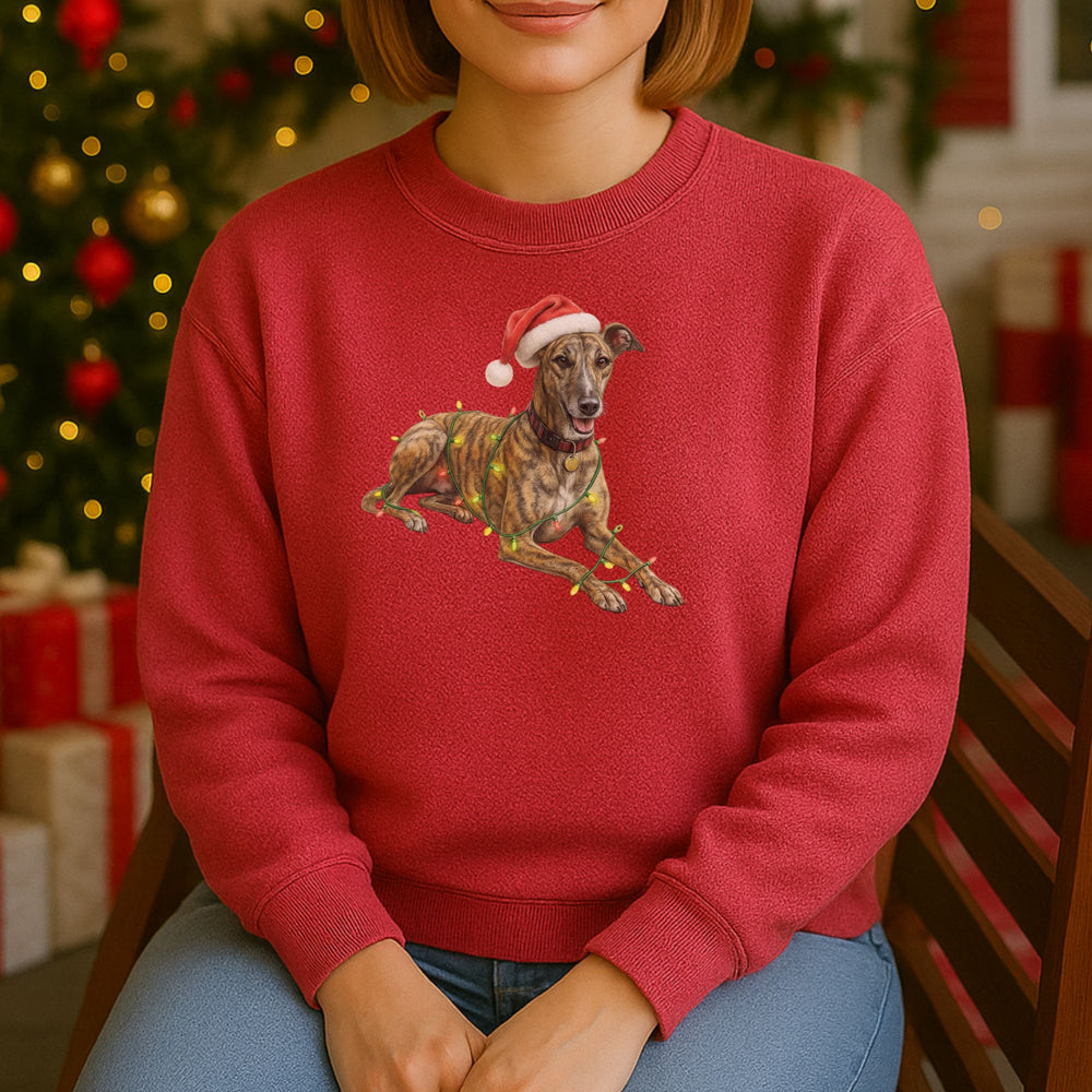 Brindle Greyhound Christmas Sweatshirt, Santa Hat Greyhound in Christmas Lights