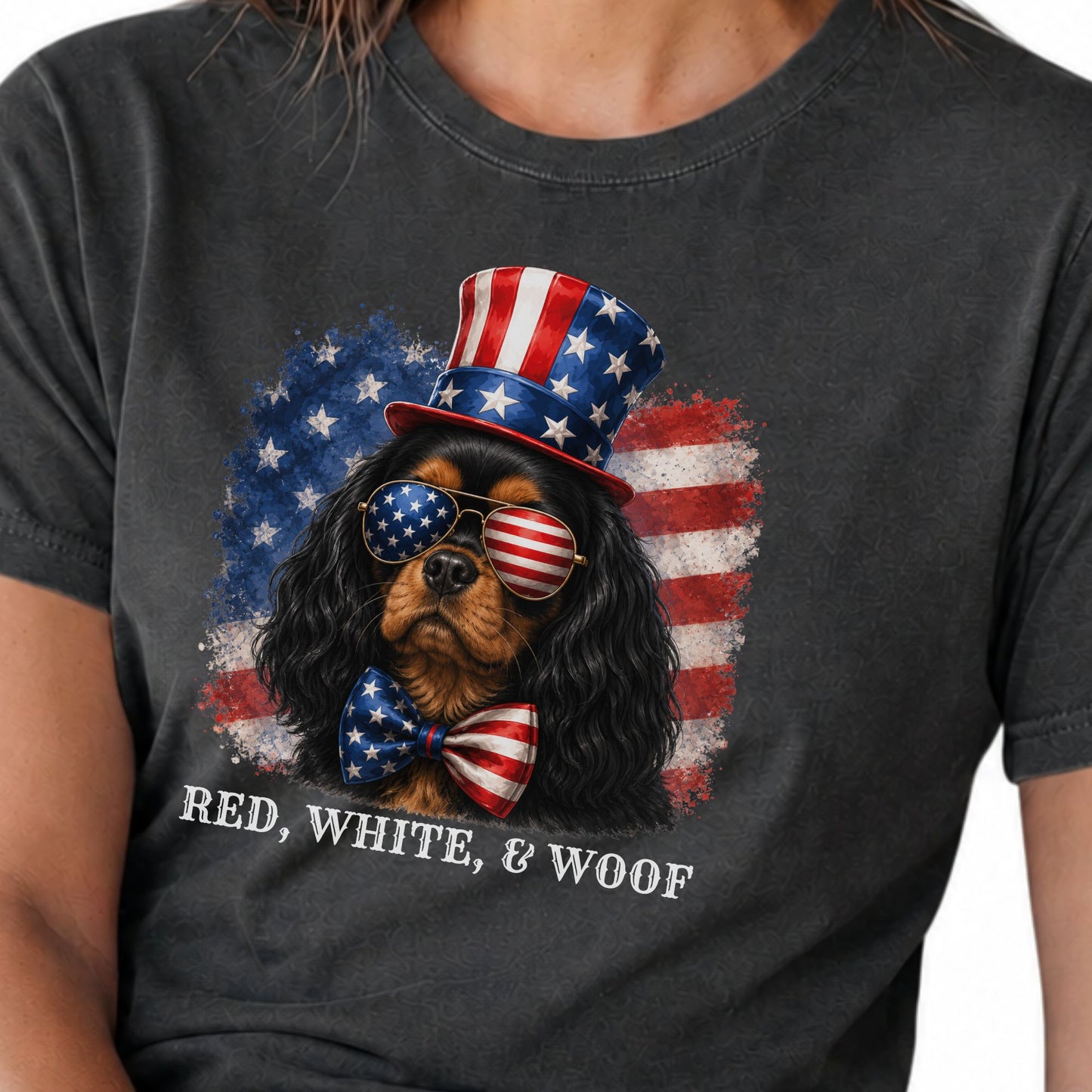 Patriotic Black And Tan Cavalier Red White & Woof Shirt