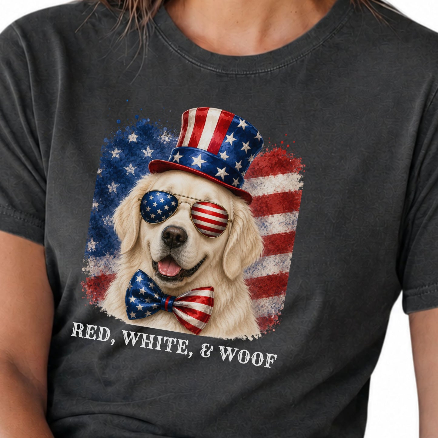 Patriotic English Cream Golden Retriever Red White  & Woof Shirt
