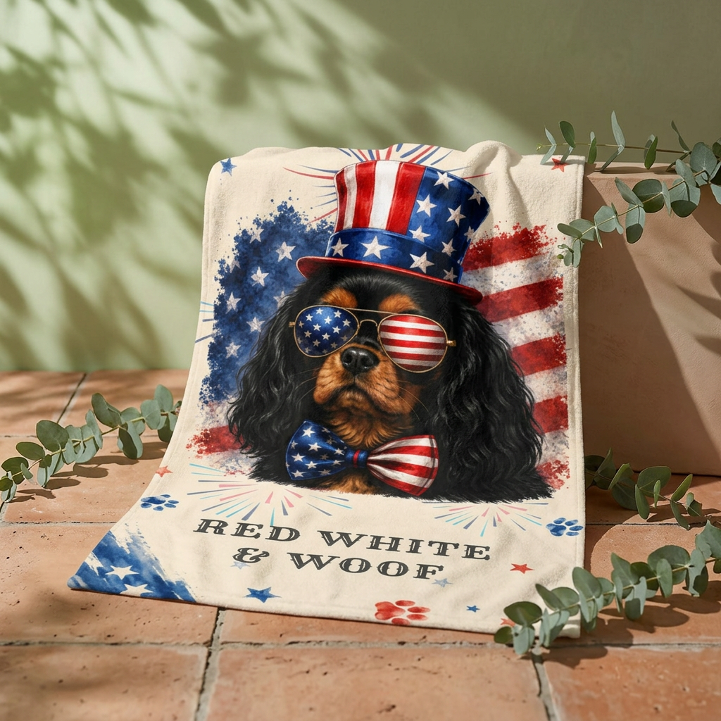 Black Tan Cavalier Patriotic Beach Towel