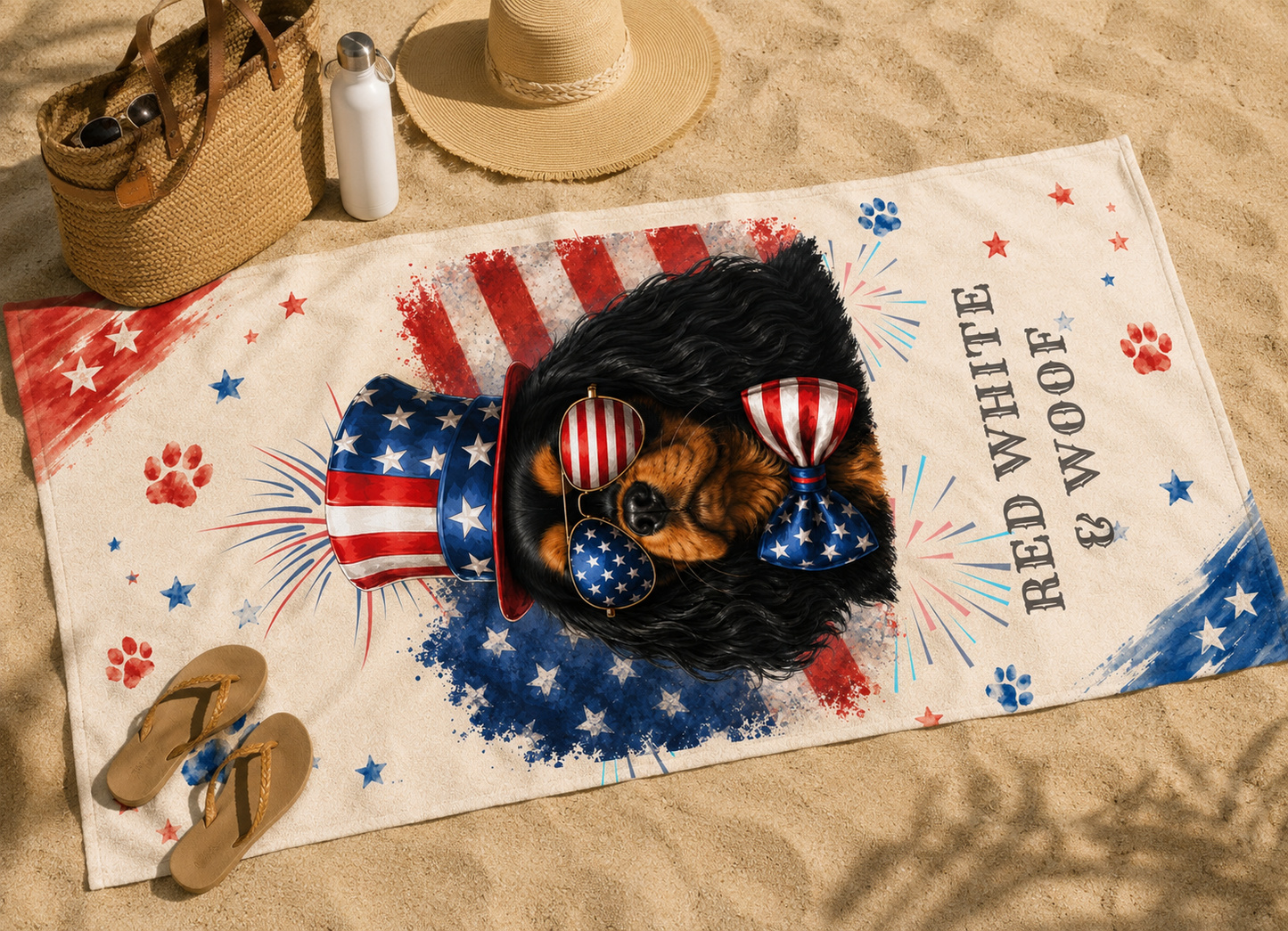 Black Tan Cavalier Patriotic Beach Towel