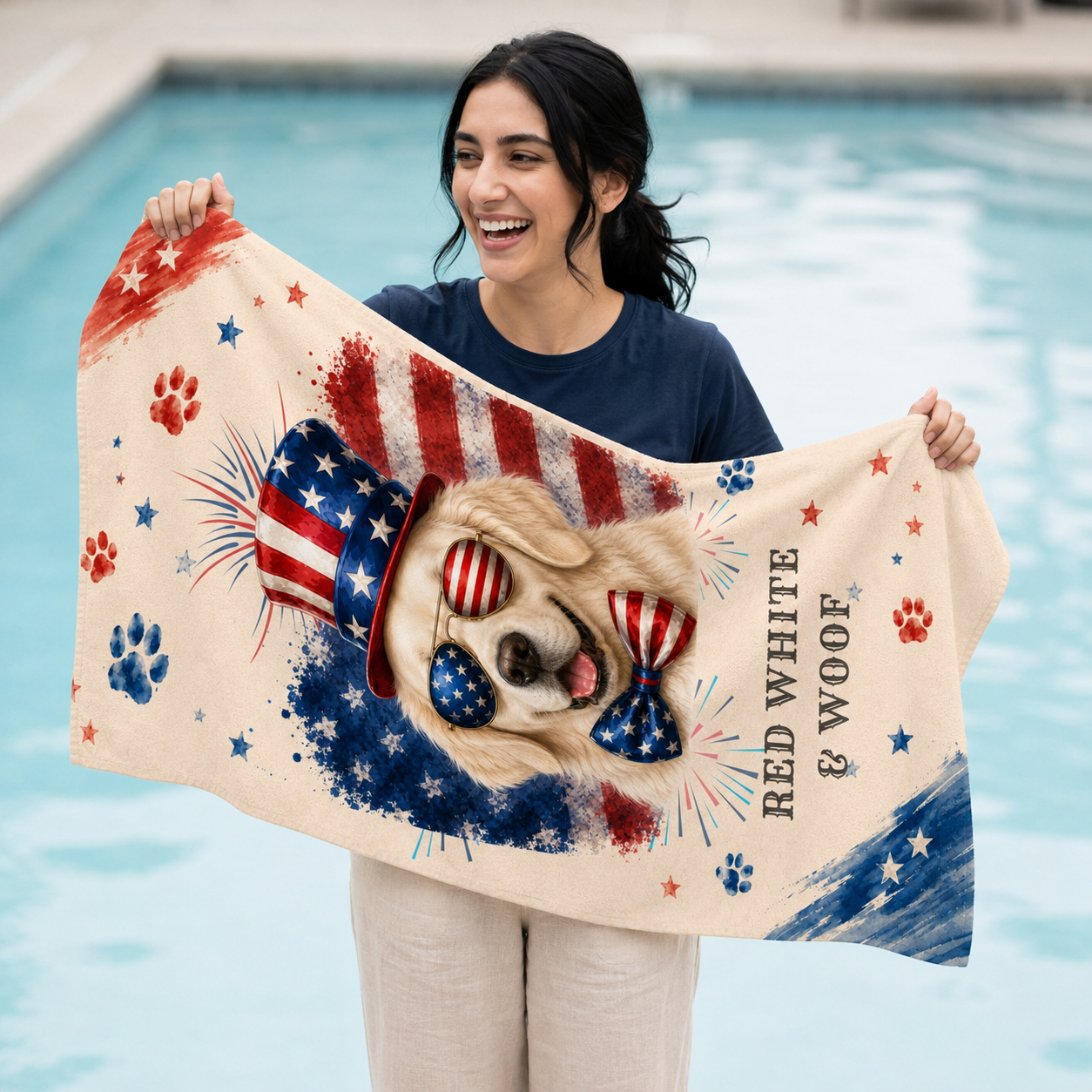 English Cream Golden Retriever Patriotic Beach Towel