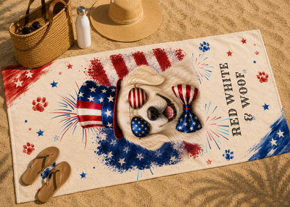 English Cream Golden Retriever Patriotic Beach Towel