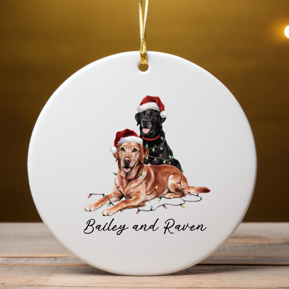 Personalized Red Fox and Black Labrador Christmas Lights Ornament