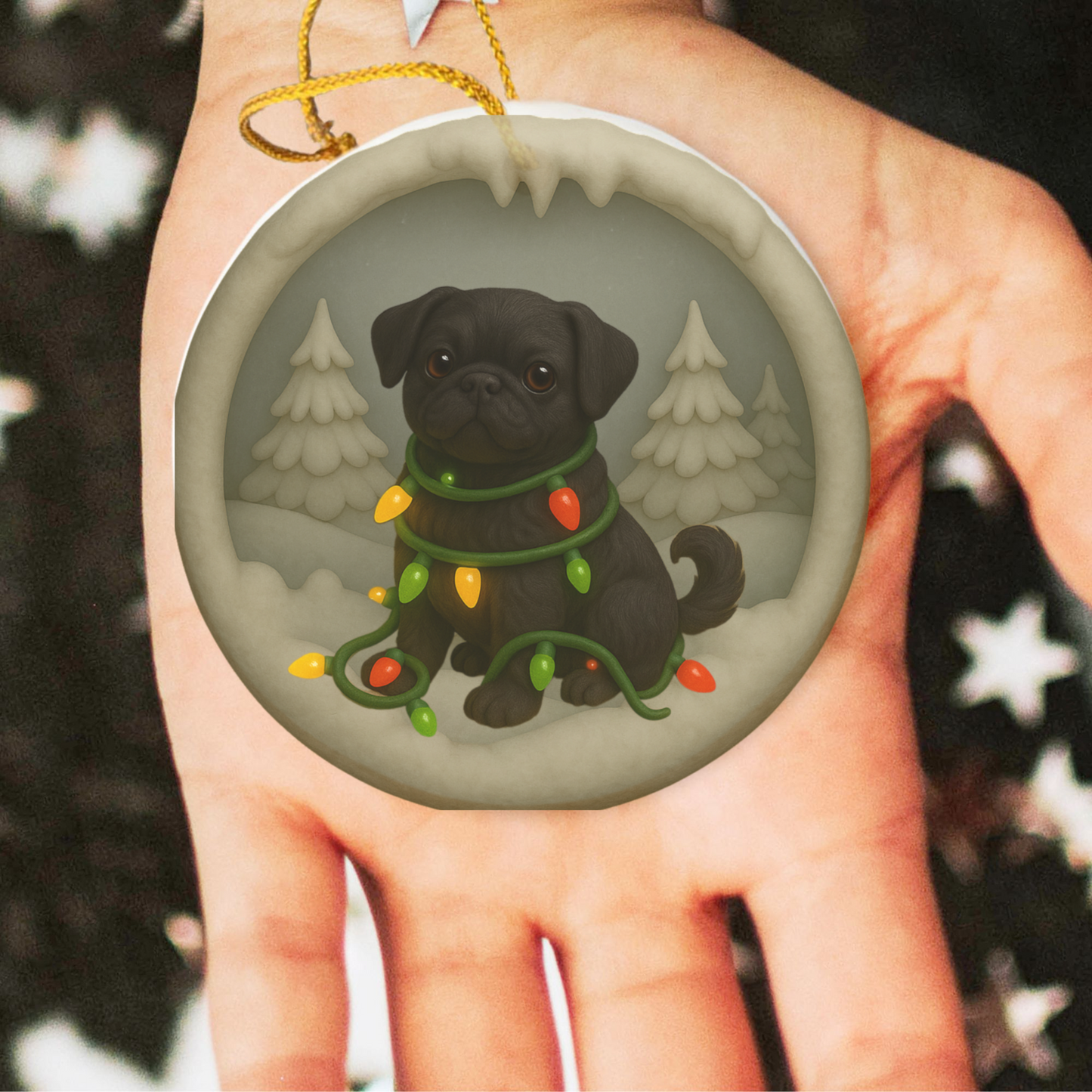 Personalized Black Pug Christmas Ornament, 3D Clay-Style Dog Keepsake with Lights