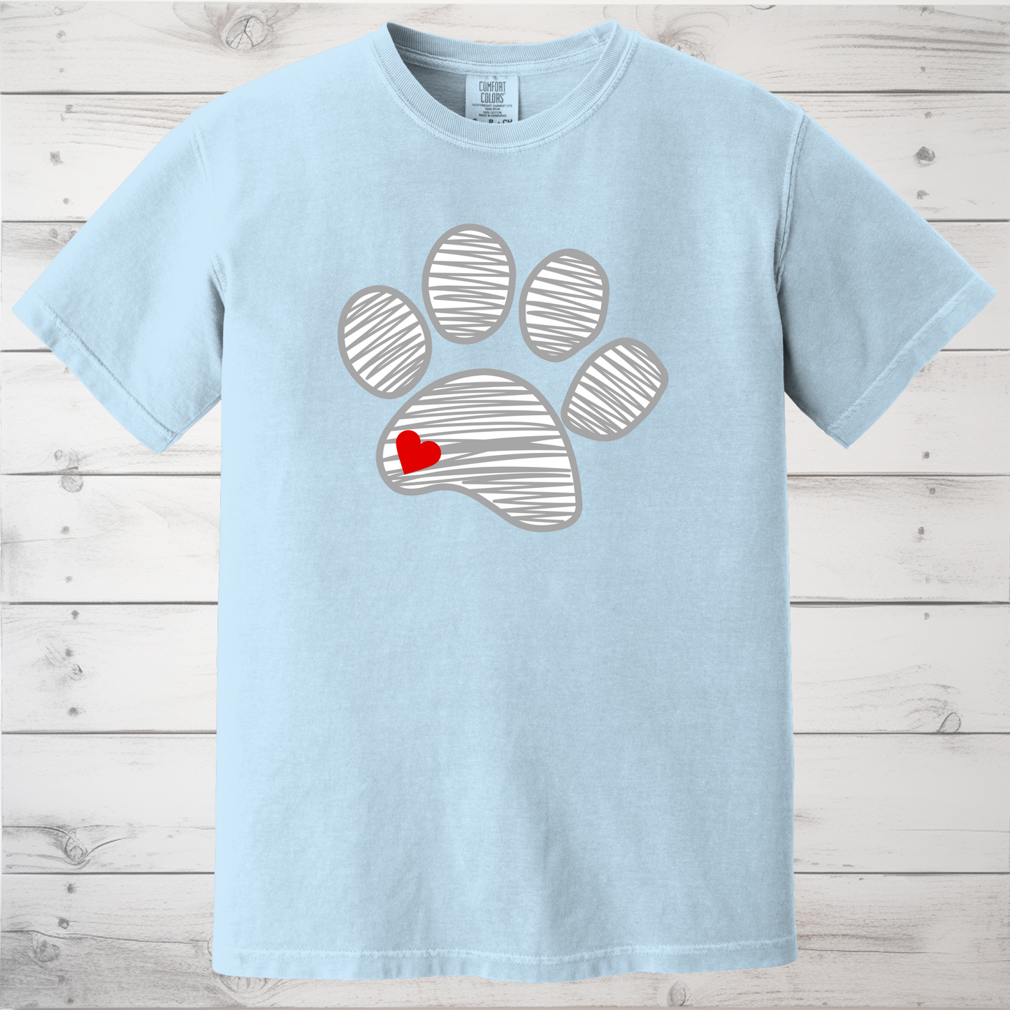 Sketched Paw Print Heart T-Shirt – Minimalist Dog Lover Tee with Cute Red Heart Design