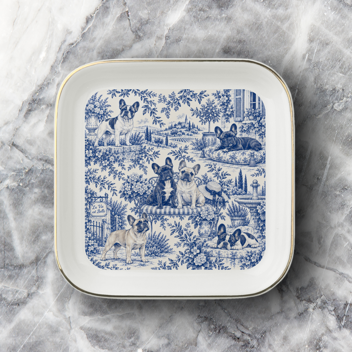 French Bulldog Jewelry Dish, Blue Toile Frenchie Ring Dish, Dog Lover Gift, Trinket Tray