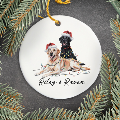 Personalized Yellow Black Lab Christmas Ornament, Festive Dog Lights, Ceramic Keepsake