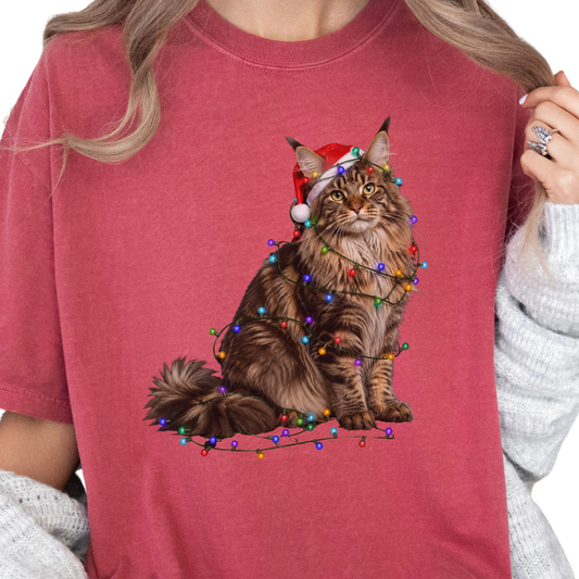 Maine Coon Christmas Lights Shirt, Comfort Colors Holiday Cat Lover Tee