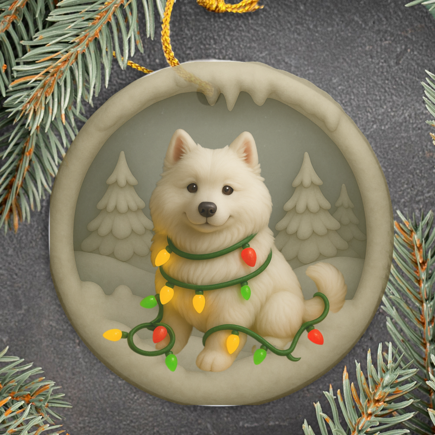 Personalized Samoyed Christmas Ornament, 3D Clay-Style Dog Keepsake with Lights
