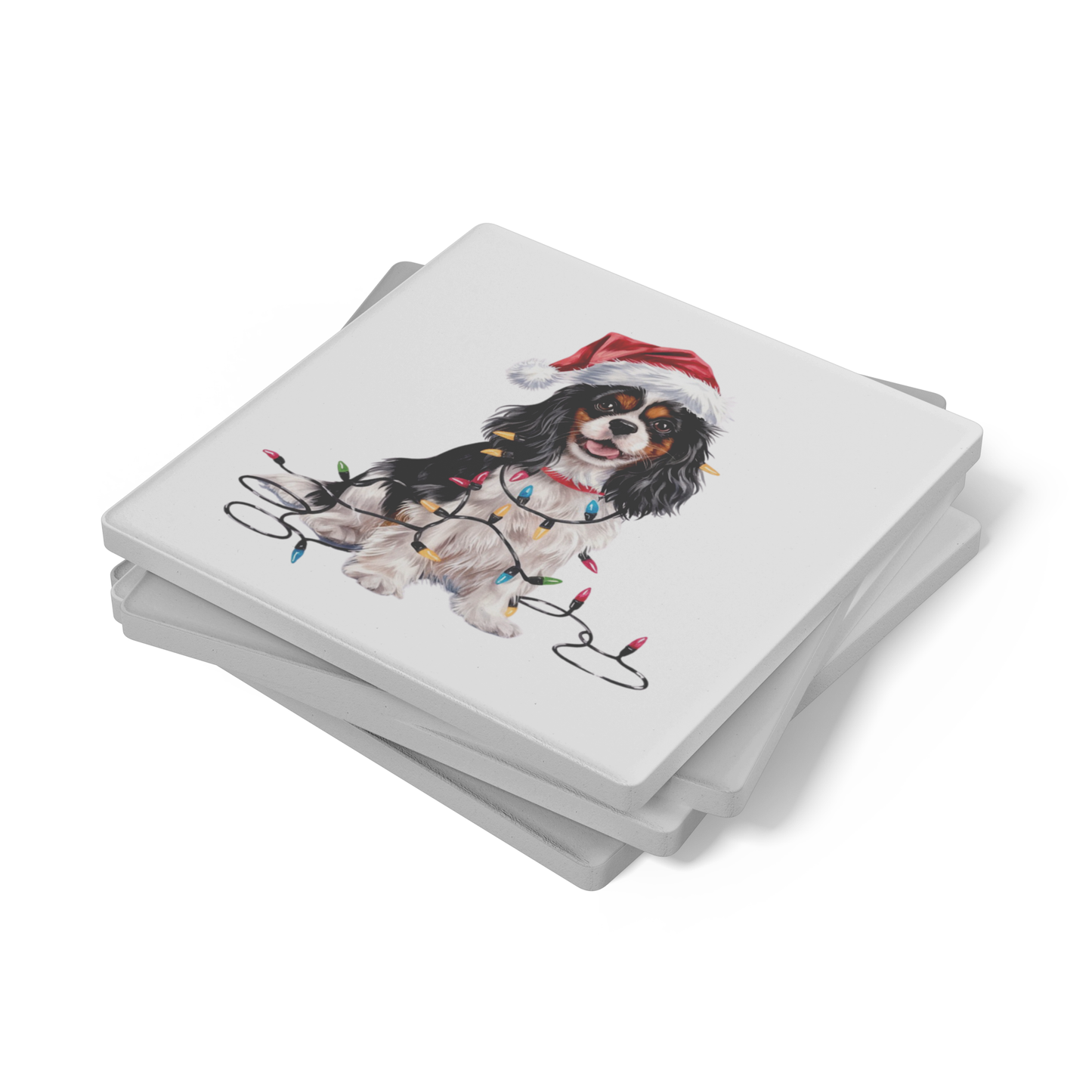 Personalized Tri-Color Cavalier King Charles Spaniel Christmas Coaster Set