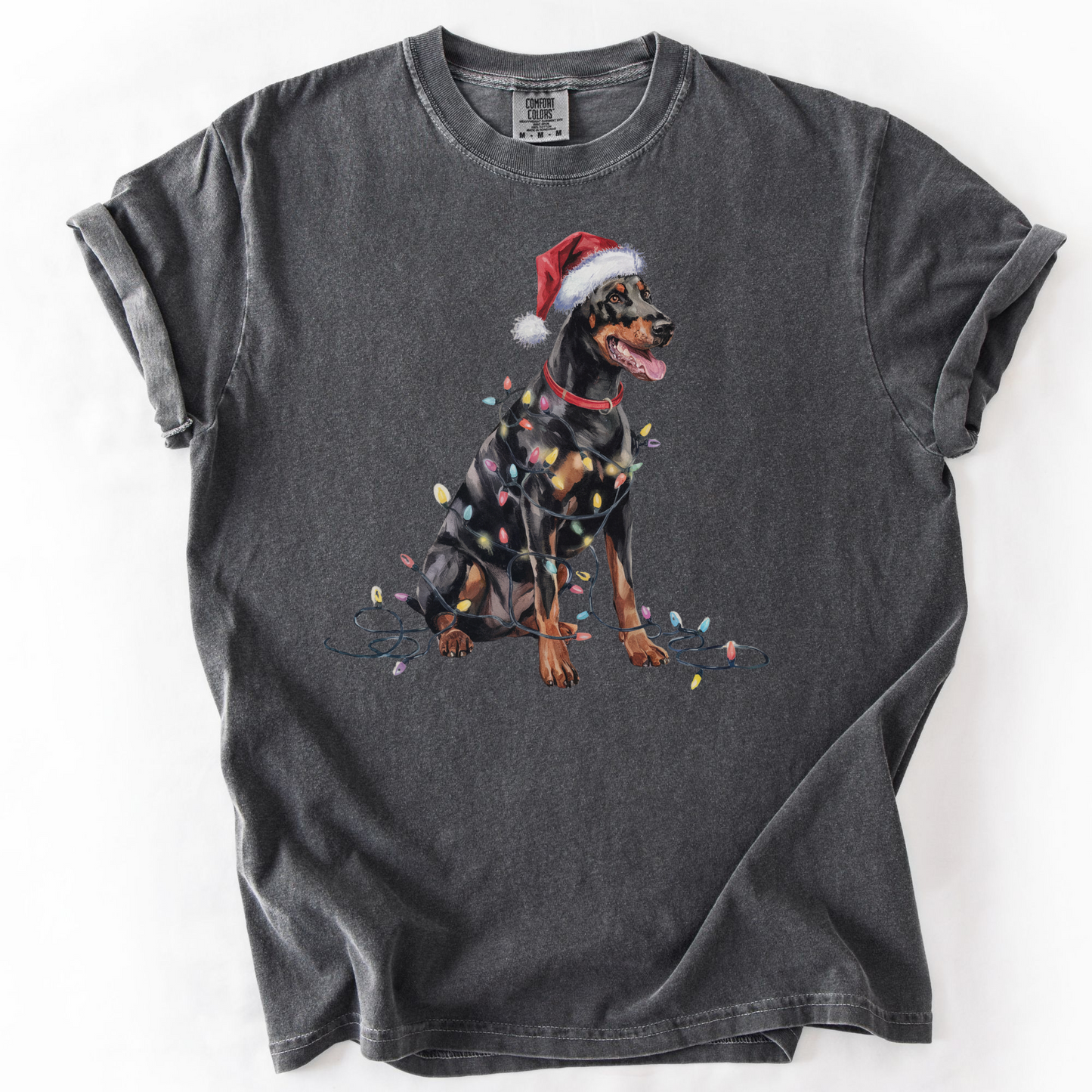 Doberman Pinscher Christmas Lights Shirt, Festive Holiday Tee for Dobie Lovers