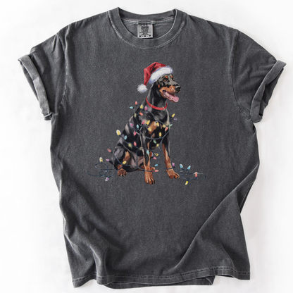 Doberman Pinscher Christmas Lights Shirt, Festive Holiday Tee for Dobie Lovers