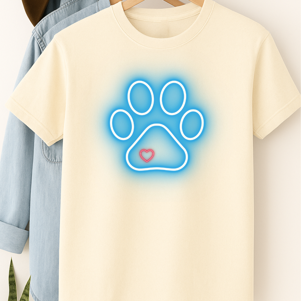 Neon Paw Print T-Shirt – Glowing Dog Lover Tee with Heart for Pet Parents & Animal Fans
