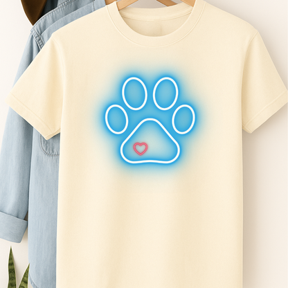 Neon Paw Print T-Shirt – Glowing Dog Lover Tee with Heart for Pet Parents & Animal Fans