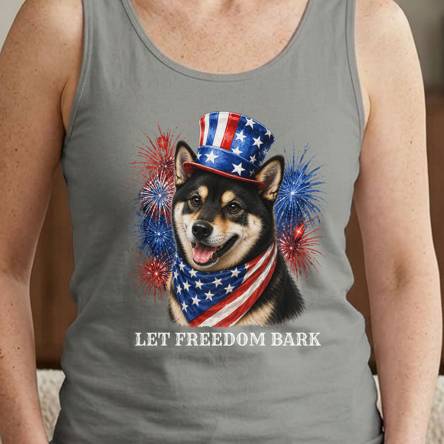 Black Shiba Inu Tank Top, Patriotic Let Freedom Bark