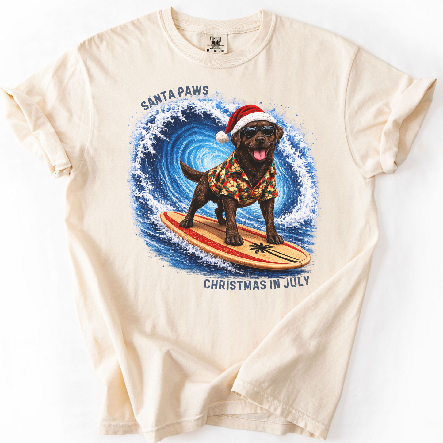 Christmas in July Gift for Chocolate Lab Lovers, Santa Paws Beach Shirt