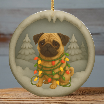Personalized Tan Pug Christmas Ornament, 3D Clay-Style Dog Keepsake with Lights