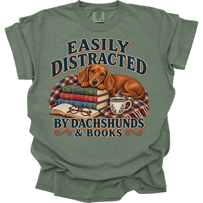 Red Dachshund Shirt, Easily Distracted by Dachshunds and Books, Doxie Mom Book Lover Tee