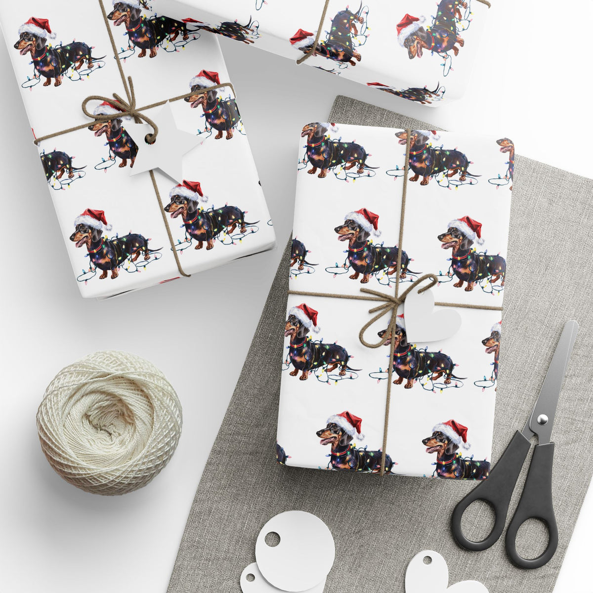 Dachshund Christmas Wrapping Paper, Cute Dog Gift Wrap with Santa Hat and Holiday Lights, Perfect for Dog Lovers
