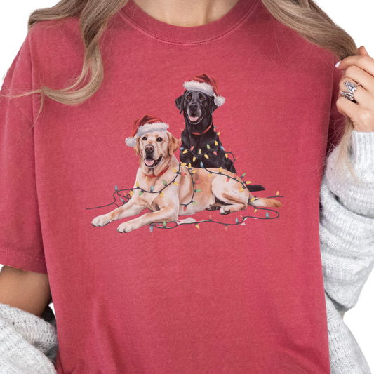 Christmas Labs Shirt, Cute Black and Yellow Labrador Retriever in Santa Hats & Lights, Holiday Dog Lover Gift, Funny Christmas Dog Tee